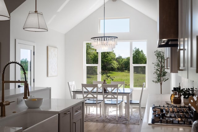 2520 230th Ct NW, Saint Francis, MN 55070 - kitchen featuring stainless steel gas stovetop, high vaulted ceiling, a sink, wood finished floors, and hanging light fixtures
