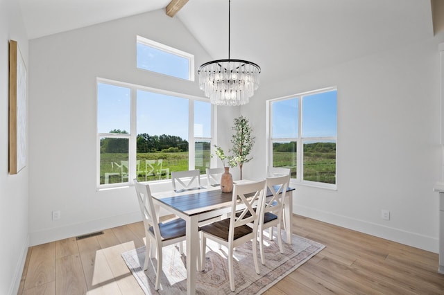 2520 230th Ct NW, Saint Francis, MN 55070 - dining room with beamed ceiling, a chandelier, baseboards, light wood-style floors, and high vaulted ceiling