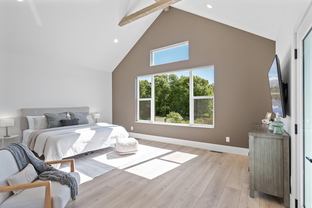 2520 230th Ct NW, Saint Francis, MN 55070 - bedroom with high vaulted ceiling, beam ceiling, light wood-style flooring, baseboards, and recessed lighting