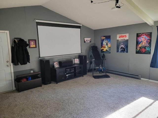 640 6th St, Albany, MN 56307 - cinema room featuring carpet floors, vaulted ceiling, and a baseboard heating unit