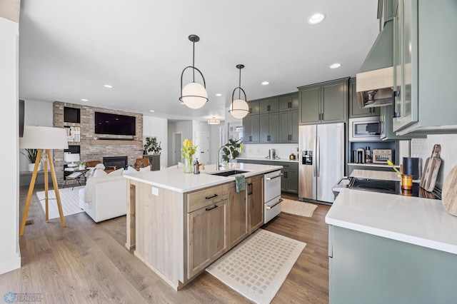 2652 70th Ave S, Fargo, ND 58104 - kitchen with stainless steel appliances, a fireplace, a sink, recessed lighting, and light countertops