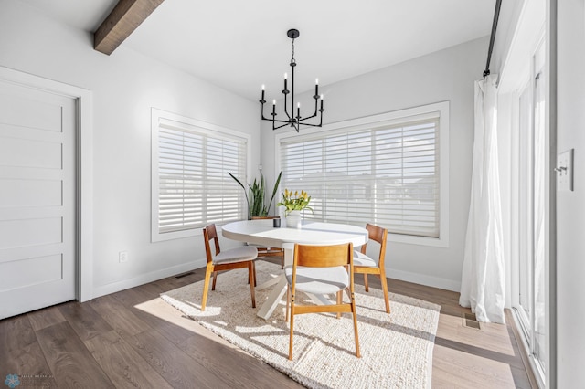 2652 70th Ave S, Fargo, ND 58104 - dining space featuring a chandelier, wood finished floors, baseboards, and beamed ceiling