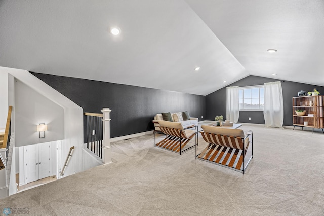 2652 70th Ave S, Fargo, ND 58104 - sitting room featuring an upstairs landing, carpet flooring, lofted ceiling, baseboards, and recessed lighting