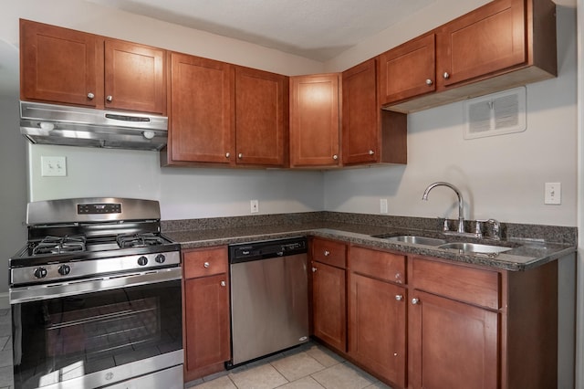 3550 Bryant Ave N, Minneapolis, MN 55412 - kitchen with appliances with stainless steel finishes, under cabinet range hood, a sink, dark stone counters, and brown cabinetry