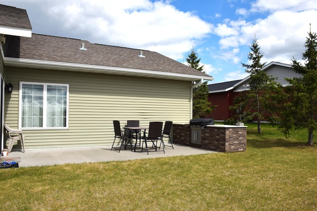 2008 Whiting Rd NW Unit 10, Bemidji, MN 56601 - rear view of property featuring an outdoor kitchen, a patio, a yard, and roof with shingles