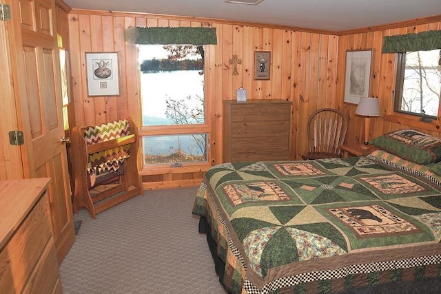 29626 436th Pl, Farm Island Twp, MN 56431 - bedroom featuring carpet and wooden walls