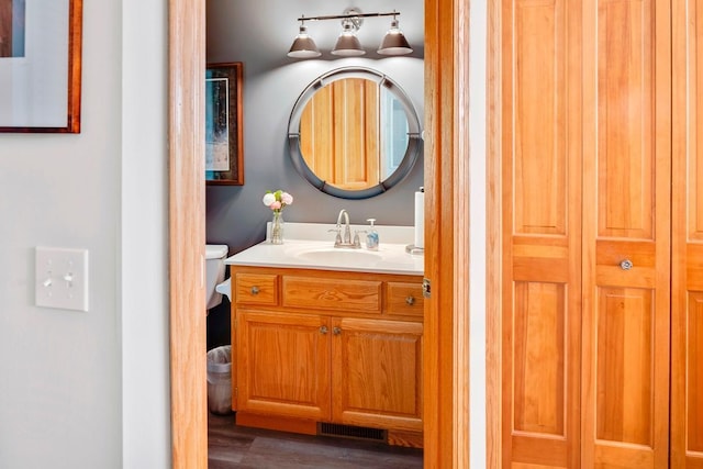 1439 Summit Shores Dr, Burnsville, MN 55306 - bathroom with vanity, wood finished floors, and toilet