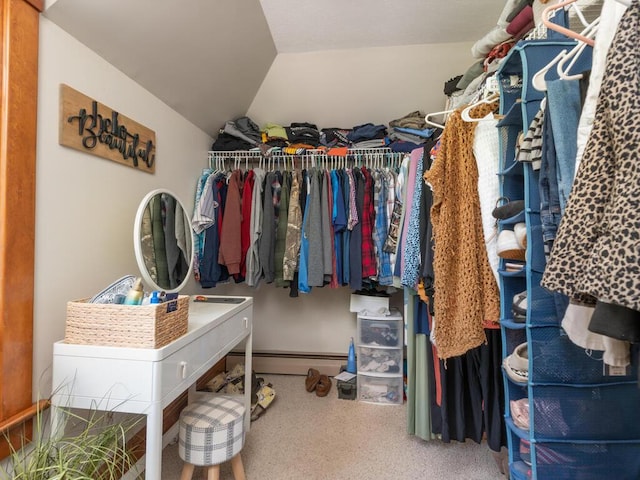 306 Benton St W, Cologne, MN 55322 - spacious closet featuring vaulted ceiling, baseboard heating, and carpet