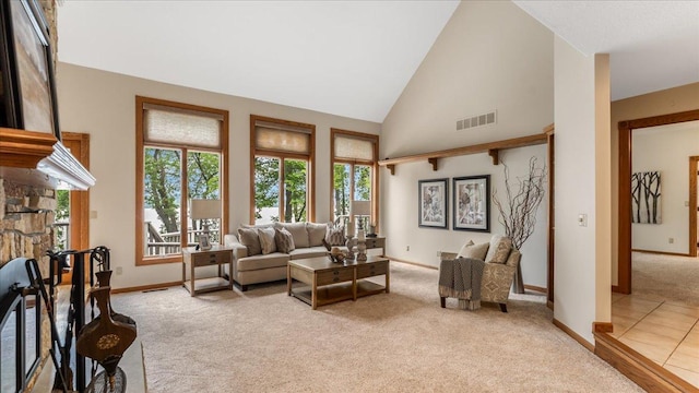 7420 Long Lake Rd, Dovre Twp, MN 56201 - living area with light carpet, plenty of natural light, baseboards, and high vaulted ceiling