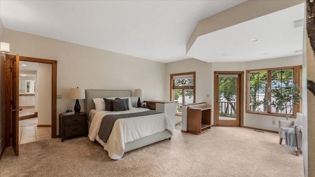 7420 Long Lake Rd, Dovre Twp, MN 56201 - bedroom featuring access to exterior, light colored carpet, multiple windows, baseboards, and recessed lighting