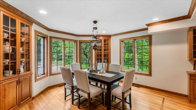 7420 Long Lake Rd, Dovre Twp, MN 56201 - dining area with baseboards, plenty of natural light, ornamental molding, light wood finished floors, and recessed lighting