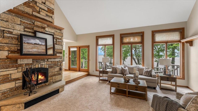 7420 Long Lake Rd, Dovre Twp, MN 56201 - carpeted living room with a fireplace, high vaulted ceiling, and baseboards