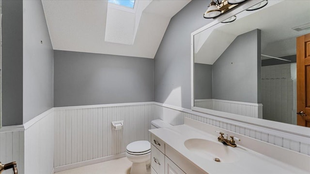 7420 Long Lake Rd, Dovre Twp, MN 56201 - full bath with a skylight, toilet, vanity, a shower, and vaulted ceiling
