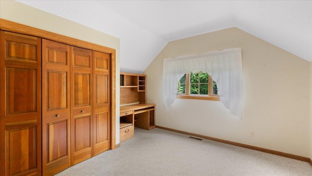 7420 Long Lake Rd, Dovre Twp, MN 56201 - unfurnished bedroom with light carpet, vaulted ceiling, and baseboards