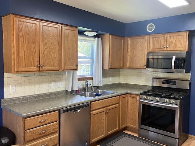 408 Beech Ave, Fergus Falls, MN 56537 - kitchen with appliances with stainless steel finishes, a sink, dark countertops, and decorative backsplash
