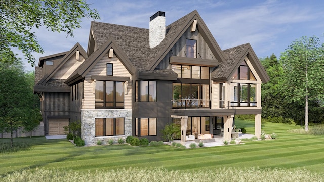 5283 Frost Point Cir SE, Prior Lake, MN 55372 - rear view of house with a patio, a yard, a chimney, and stone siding