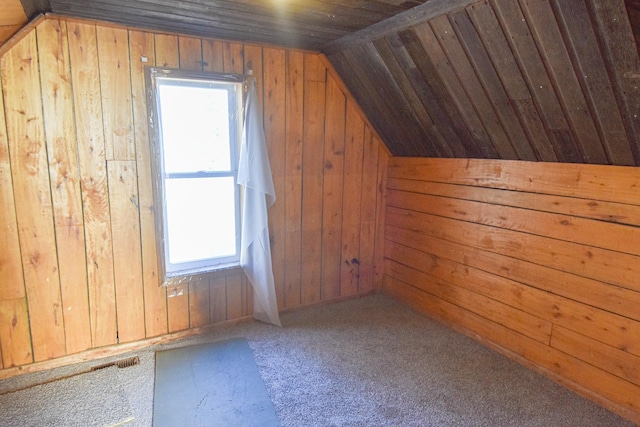 715 8th St E, Thief River Falls, MN 56701 - additional living space featuring wood walls, carpet floors, and vaulted ceiling