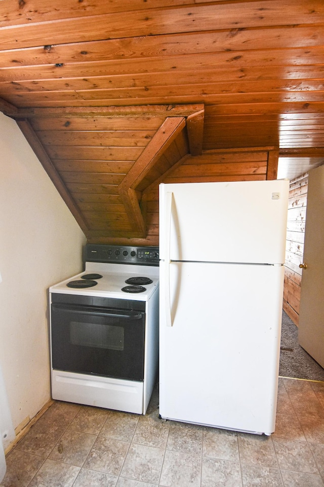 715 8th St E, Thief River Falls, MN 56701 - kitchen featuring freestanding refrigerator, range with electric stovetop, and wooden ceiling