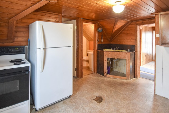 715 8th St E, Thief River Falls, MN 56701 - kitchen with freestanding refrigerator, electric range, wood ceiling, and vaulted ceiling