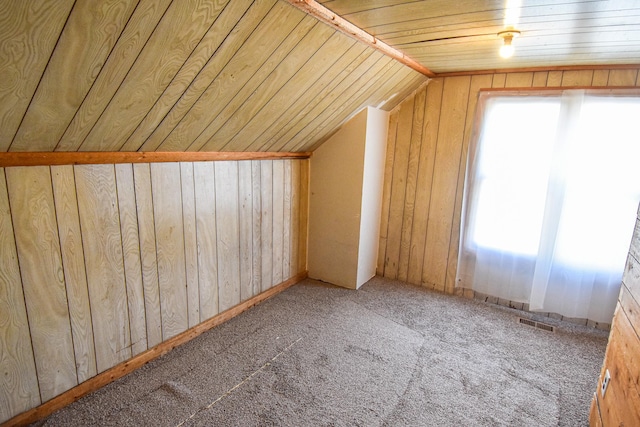 715 8th St E, Thief River Falls, MN 56701 - bonus room featuring lofted ceiling, wooden walls, plenty of natural light, carpet flooring, and wooden ceiling