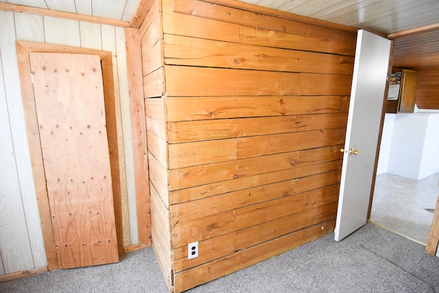 715 8th St E, Thief River Falls, MN 56701 - hallway featuring wood walls, carpet floors, and wood ceiling