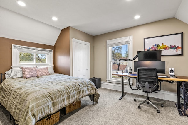 1415 Wynne Ave, Saint Paul, MN 55108 - carpeted bedroom featuring vaulted ceiling, multiple windows, recessed lighting, baseboards, and a desk