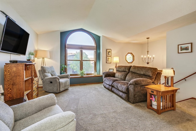 3948 Orchid Ln N, Plymouth, MN 55446 - living room with a chandelier, carpet, vaulted ceiling, and baseboards