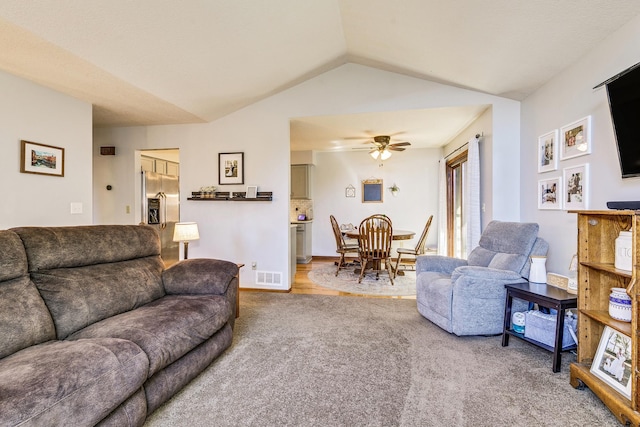 3948 Orchid Ln N, Plymouth, MN 55446 - living room featuring carpet, ceiling fan, and lofted ceiling