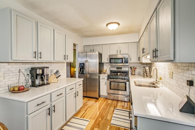 3948 Orchid Ln N, Plymouth, MN 55446 - kitchen featuring appliances with stainless steel finishes, a sink, decorative backsplash, light wood finished floors, and a textured ceiling