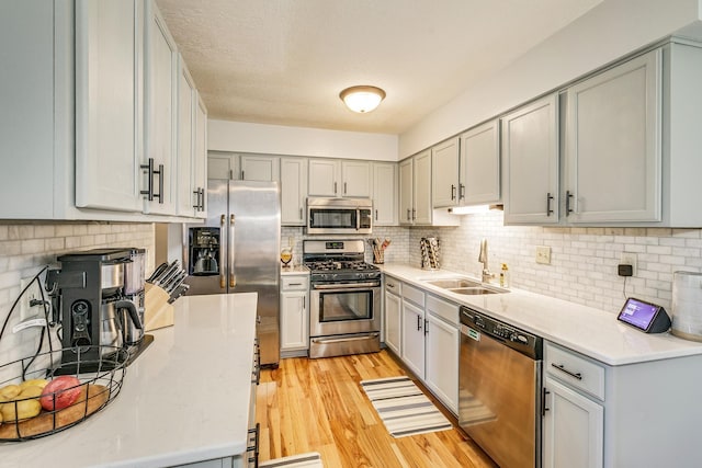 3948 Orchid Ln N, Plymouth, MN 55446 - kitchen with appliances with stainless steel finishes, a sink, light countertops, light wood finished floors, and decorative backsplash