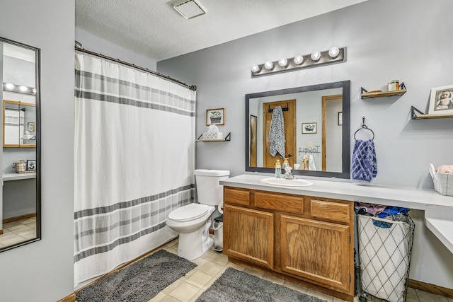 3948 Orchid Ln N, Plymouth, MN 55446 - bathroom featuring tile patterned flooring, toilet, vanity, a textured ceiling, and a shower with shower curtain