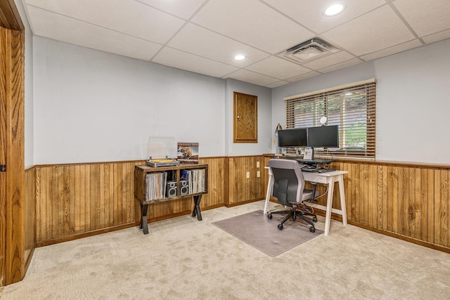 3948 Orchid Ln N, Plymouth, MN 55446 - office with wainscoting, wood walls, a paneled ceiling, and carpet flooring