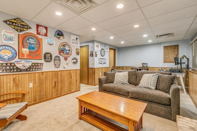3948 Orchid Ln N, Plymouth, MN 55446 - carpeted living room with a wainscoted wall, wood walls, recessed lighting, and a drop ceiling