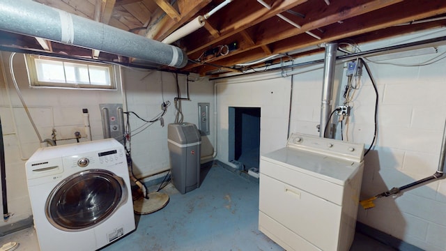 706 19th St, Albert Lea, MN 56007 - laundry area with washing machine and dryer, electric panel, and concrete block wall