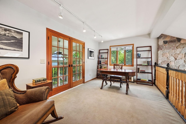 4080 Lotus Dr, Minnetrista, MN 55331 - office area with french doors, light colored carpet, baseboards, and rail lighting