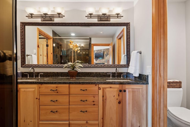 4080 Lotus Dr, Minnetrista, MN 55331 - bathroom with double vanity, a stall shower, and toilet