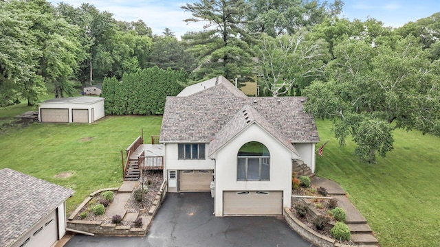1901 Lexington Ave S, Mendota Heights, MN 55118 - view of front of house with stairs, stucco siding, roof with shingles, a front lawn, and a wooden deck