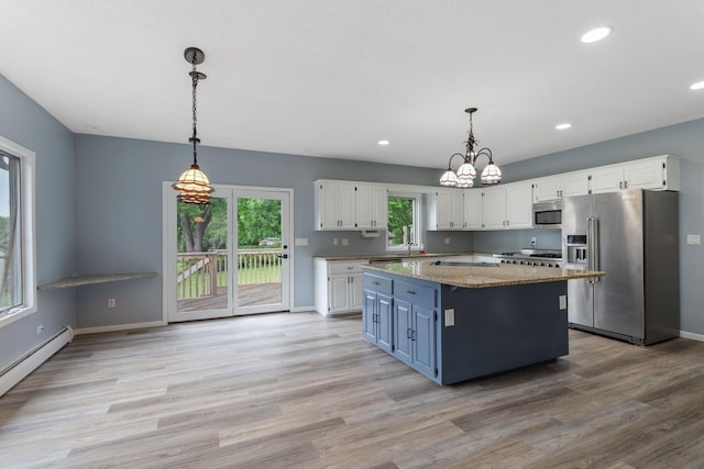 1901 Lexington Ave S, Mendota Heights, MN 55118 - kitchen with stainless steel appliances, white cabinets, baseboard heating, blue cabinetry, and a center island