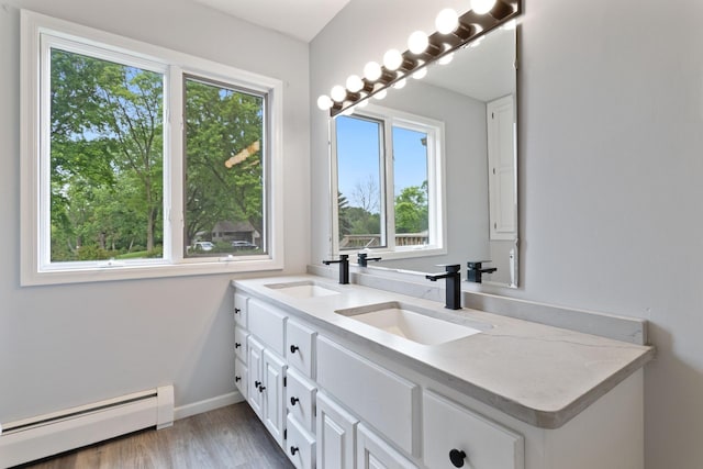 1901 Lexington Ave S, Mendota Heights, MN 55118 - bathroom with a baseboard radiator, double vanity, healthy amount of natural light, and wood finished floors