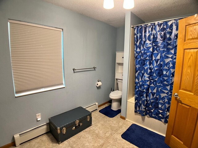 10306 Hemlock St NW, Annandale, MN 55302 - full bath featuring baseboard heating, toilet, a textured ceiling, tile patterned flooring, and curtained shower