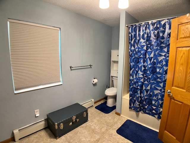 10306 Hemlock St NW, Annandale, MN 55302 - full bath featuring baseboard heating, a textured ceiling, tile patterned flooring, and curtained shower