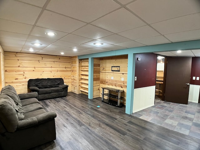 10306 Hemlock St NW, Annandale, MN 55302 - living area featuring a paneled ceiling, wooden walls, wood finished floors, and recessed lighting