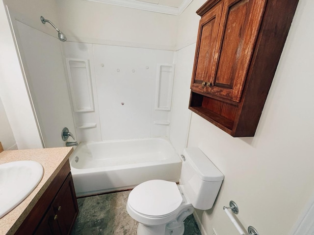 415 Francis St, Faribault, MN 55021 - bathroom featuring vanity, toilet, ornamental molding, and washtub / shower combination