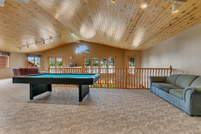 5386 165th St NE, Atwater, MN 56209 - playroom featuring track lighting, carpet flooring, vaulted ceiling, pool table, and wooden ceiling