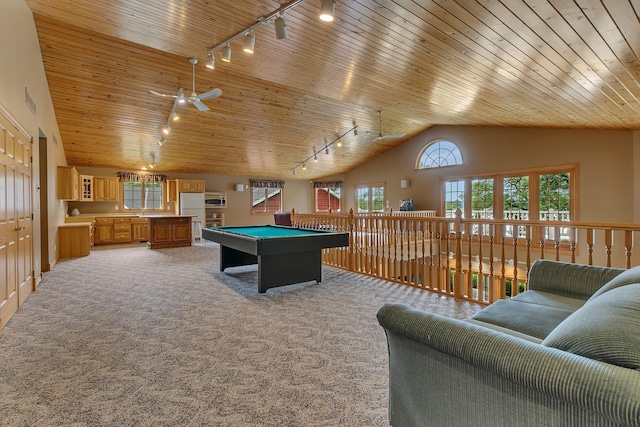 5386 165th St NE, Atwater, MN 56209 - playroom with track lighting, lofted ceiling, billiards table, wood ceiling, and light colored carpet