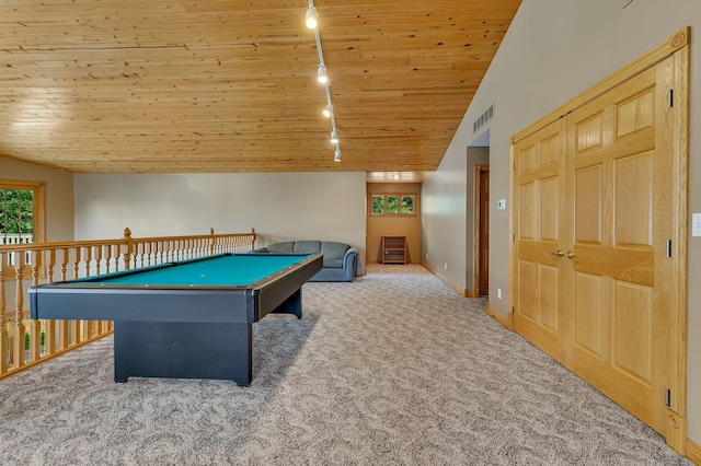 5386 165th St NE, Atwater, MN 56209 - playroom featuring track lighting, carpet flooring, wooden ceiling, lofted ceiling, and billiards table