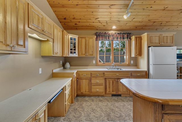 5386 165th St NE, Atwater, MN 56209 - kitchen with freestanding refrigerator, lofted ceiling, wood ceiling, light carpet, and a sink