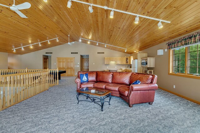 5386 165th St NE, Atwater, MN 56209 - carpeted living area with track lighting, wood ceiling, vaulted ceiling, baseboards, and ceiling fan
