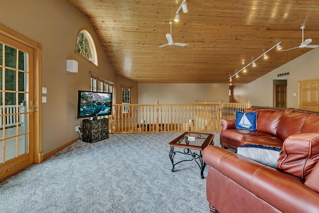 5386 165th St NE, Atwater, MN 56209 - carpeted living room with rail lighting, wooden ceiling, vaulted ceiling, and baseboards