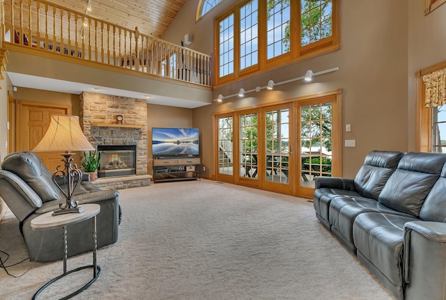 5386 165th St NE, Atwater, MN 56209 - living area with a high ceiling, carpet floors, a fireplace, and wooden ceiling